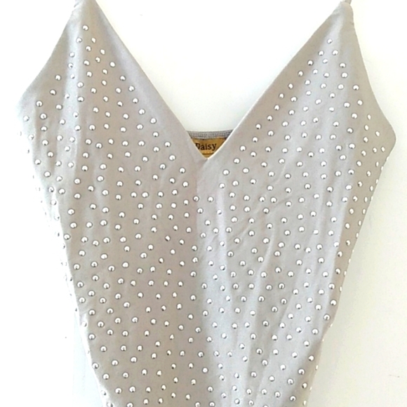 BODYSUIT GRAY SILVER STUDDED V-NECK HIGH-CUT THONG SIZE MEDIUM NWT - Picture 2 of 7